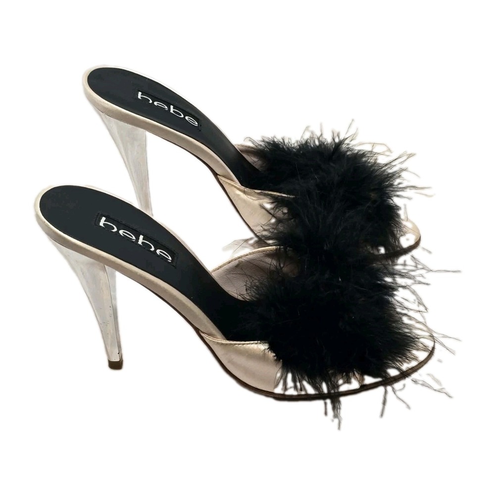 Vintage Bebe Feather Boudoir Peep Toe Mule Heels 7M Y2K Leather Sole Glam